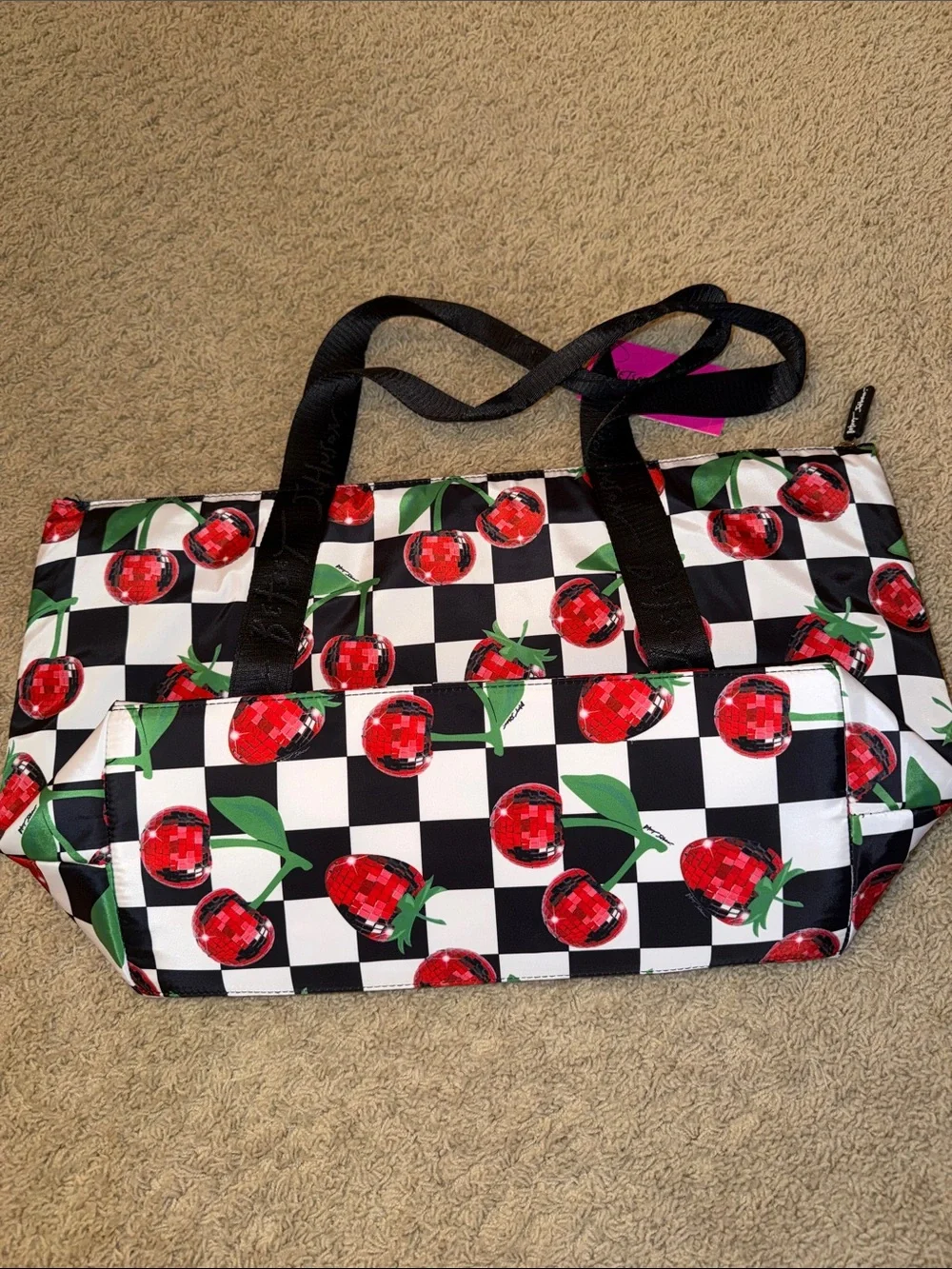 Betsey Johnson Black & White Checkerboard Cherry Tote with Cherry Accessories